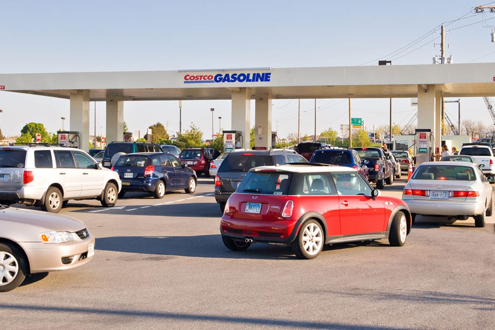 Cars in line to get gas at gas station